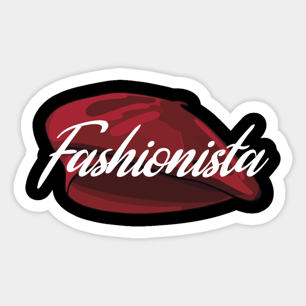 Red French Beret with the word 'Fashionista' in it Sticker by Fruit Tee